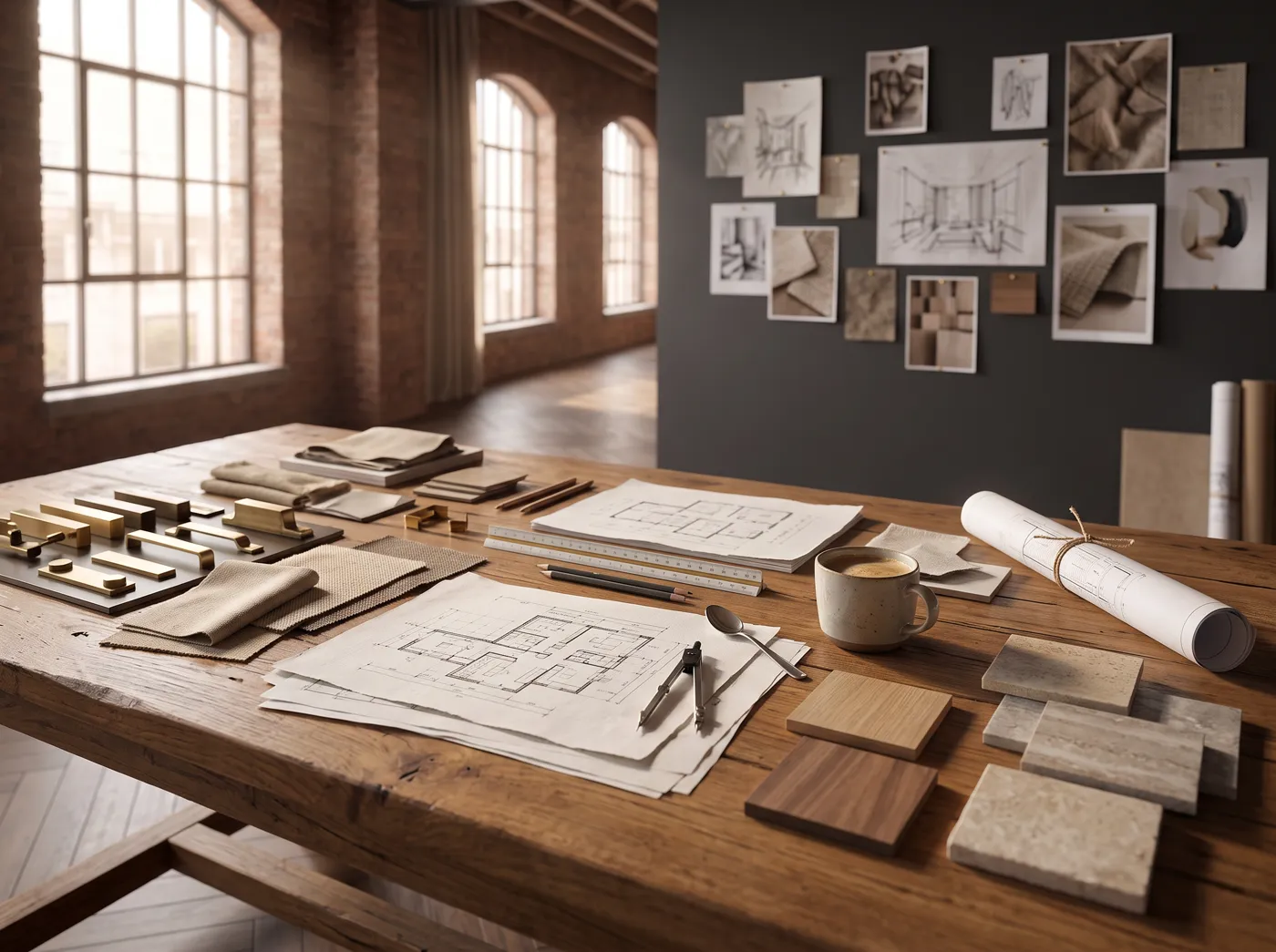 Arbeitsplatz im Atelier mit Skizzen und Materialproben