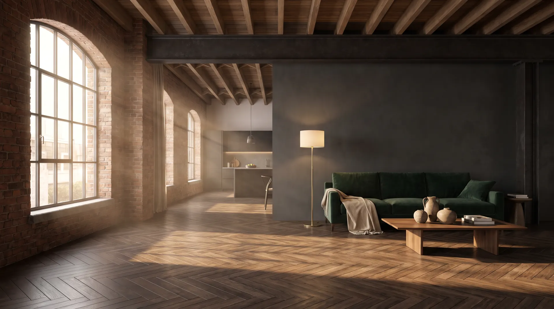 Offenes Loft-Wohnkonzept mit Sichtbeton und Eichenholz