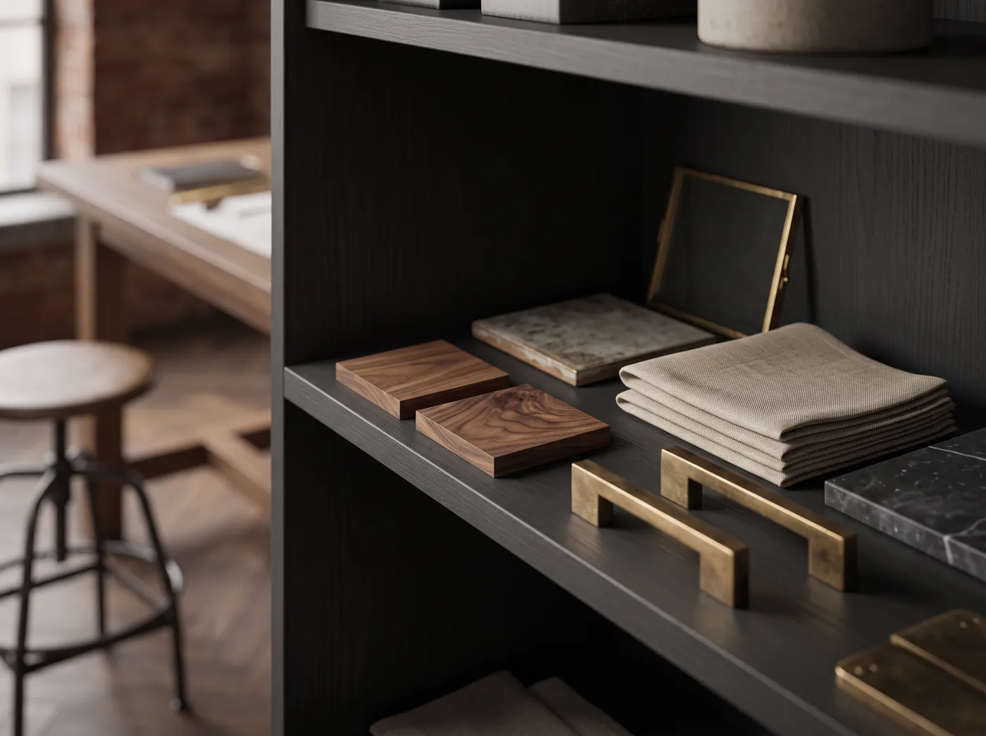 Materialregal mit kuratierten Mustern im Atelier