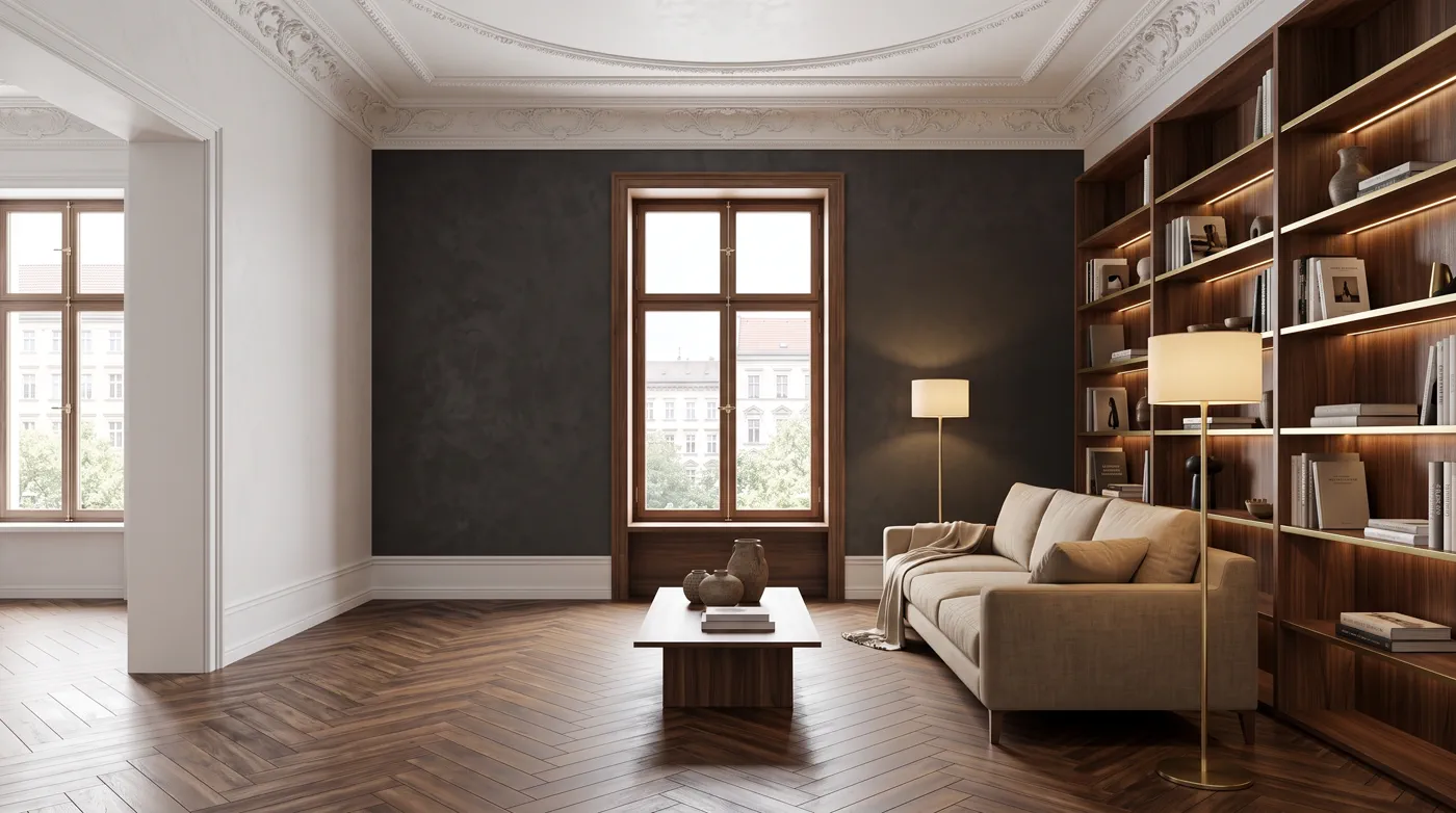 Fotorealistisch geplanter, fertig gestalteter Altbau-Wohnraum